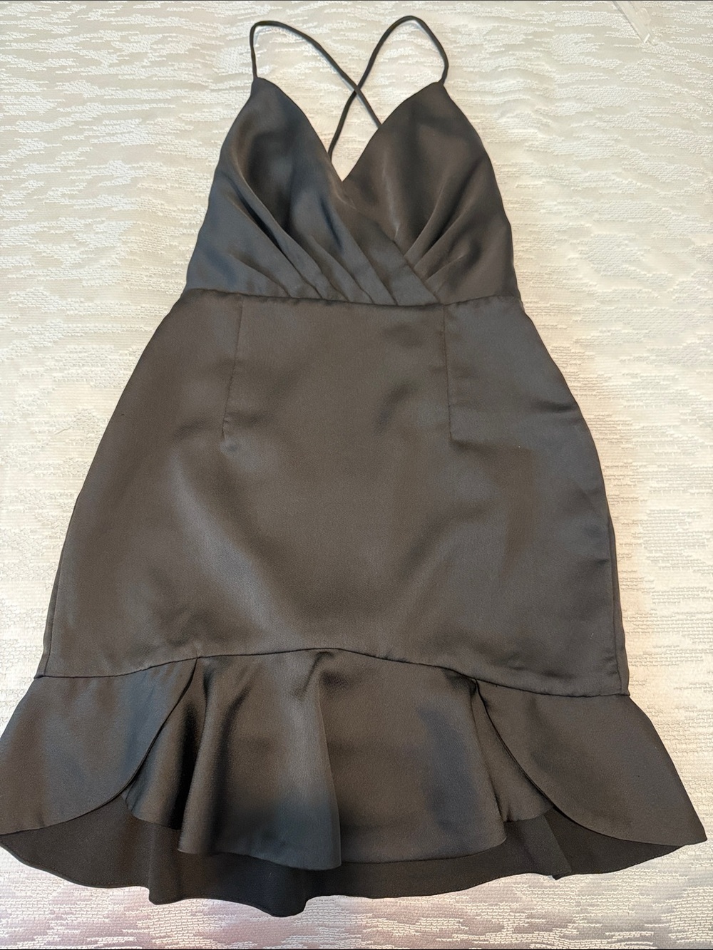 NBD Black Satin Mini Dress with Ruffle Hem